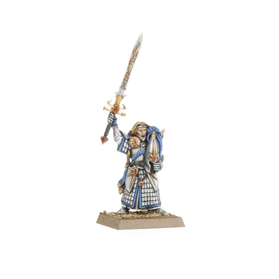 A ranked unit of Swordmasters of Hoeth with greatswords raised