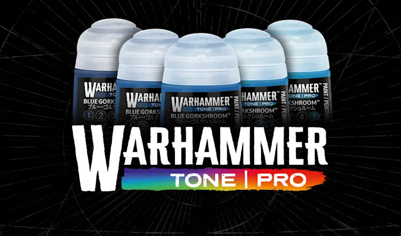The Warhammer Tone Pro logo in front of 5 Warhammer Tone Pro paint pots.